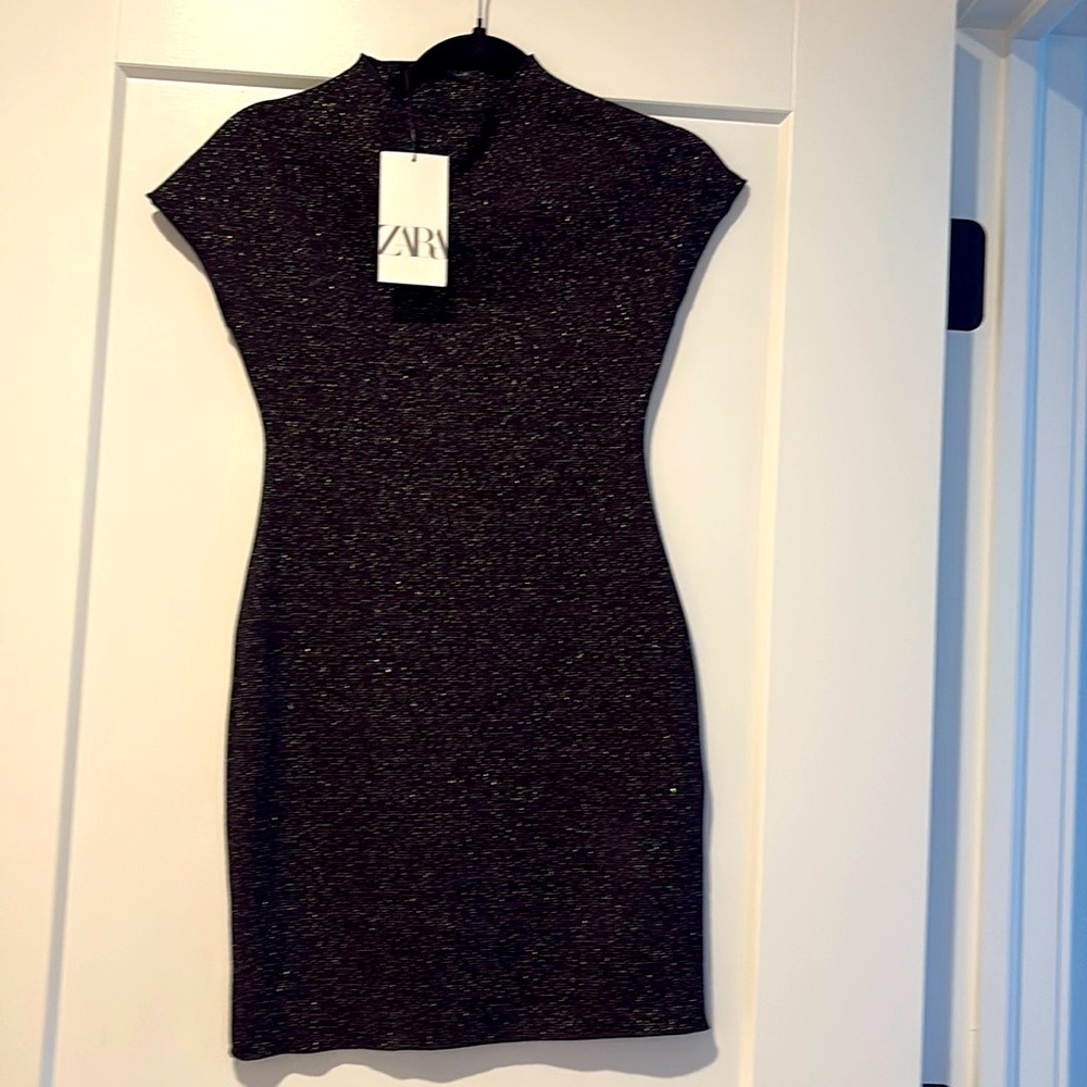 Zara black and silver sparkle mini body con dress